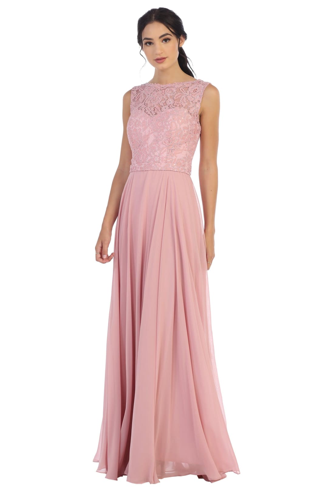 Long Sleeveless Bridesmaids Lace Chiffon Dress - The Dress Outlet