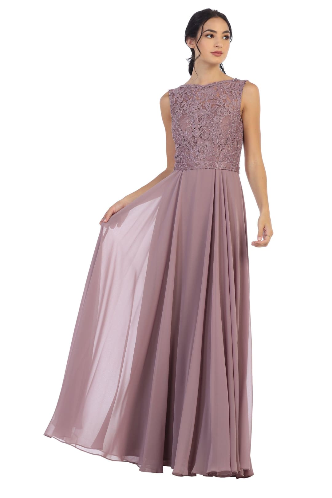 Long Sleeveless Bridesmaids Lace Chiffon Dress - The Dress Outlet