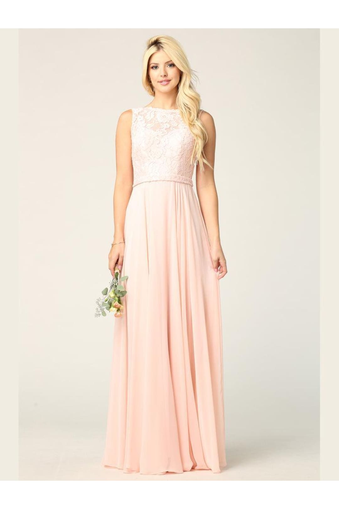 Long Sleeveless Bridesmaids Lace Chiffon Dress - The Dress Outlet