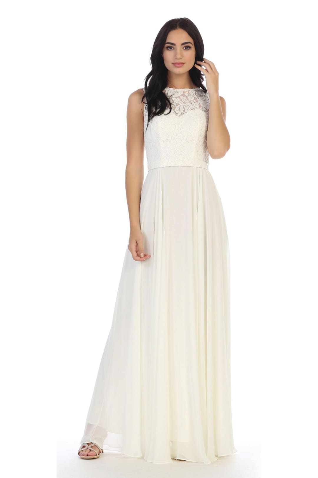 Long Sleeveless Bridesmaids Lace Chiffon Dress - The Dress Outlet