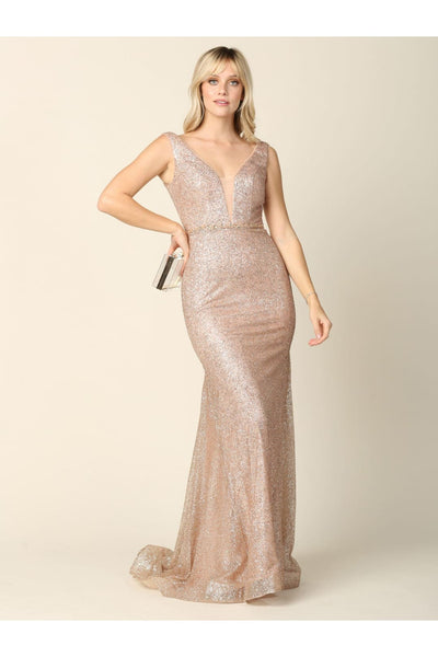 Long Sleeveless Fitted Formal Glitter Dress - The Dress Outlet