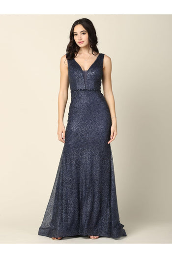 Long Sleeveless Fitted Formal Glitter Dress - The Dress Outlet