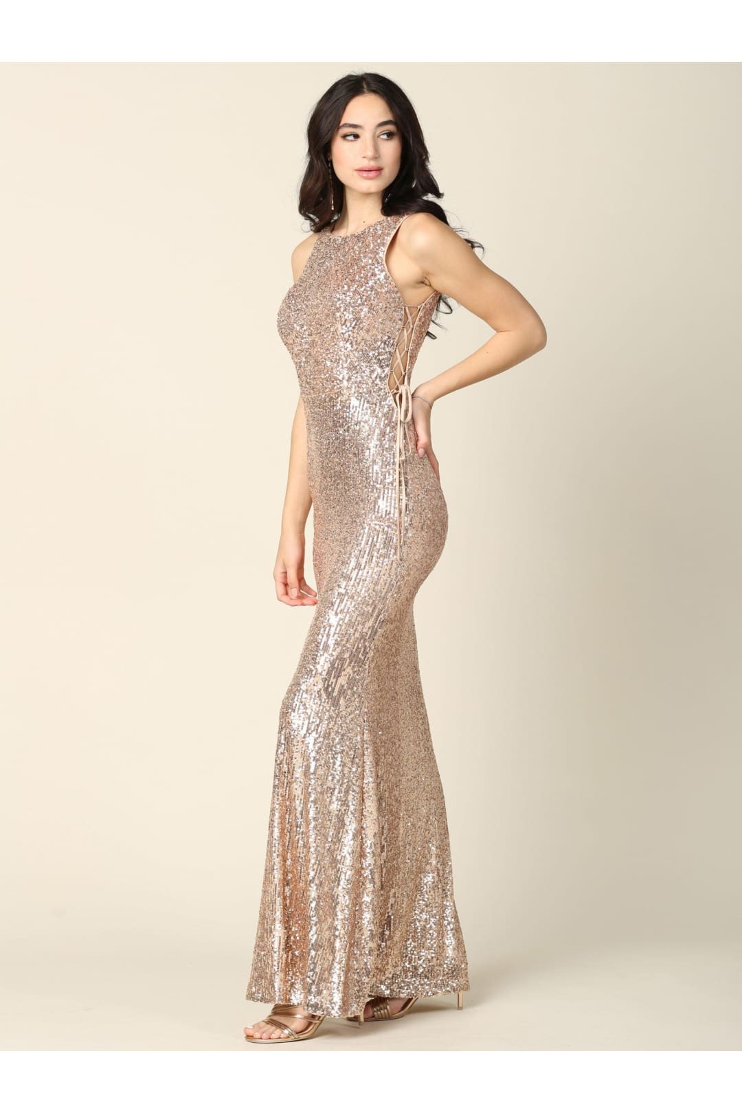 Long Sleeveless Formal Fitted Sequins Dress - The Dress Outlet