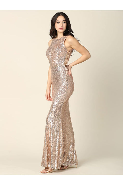 Long Sleeveless Formal Fitted Sequins Dress - The Dress Outlet
