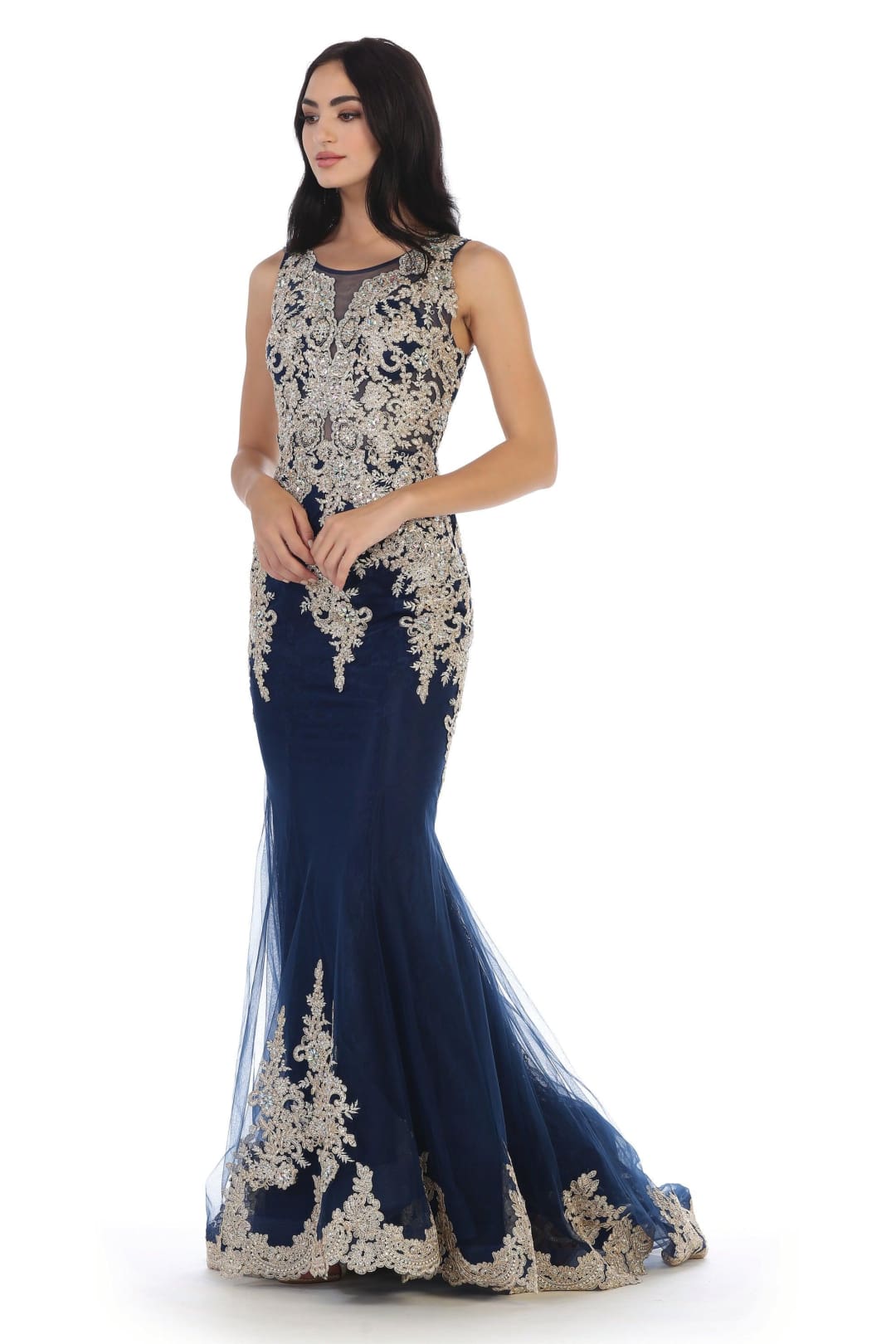 Long Sleeveless Formal Mermaid Lace Prom Dress - The Dress Outlet