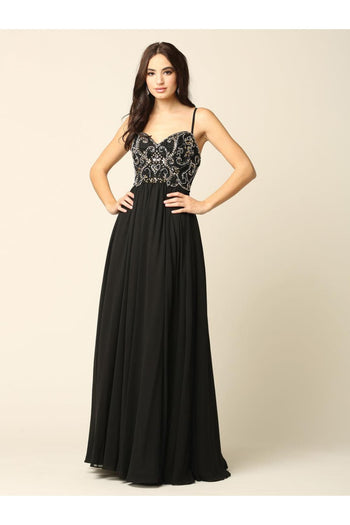 Long Spaghetti Strap Beaded Formal Chiffon Dress - The Dress Outlet