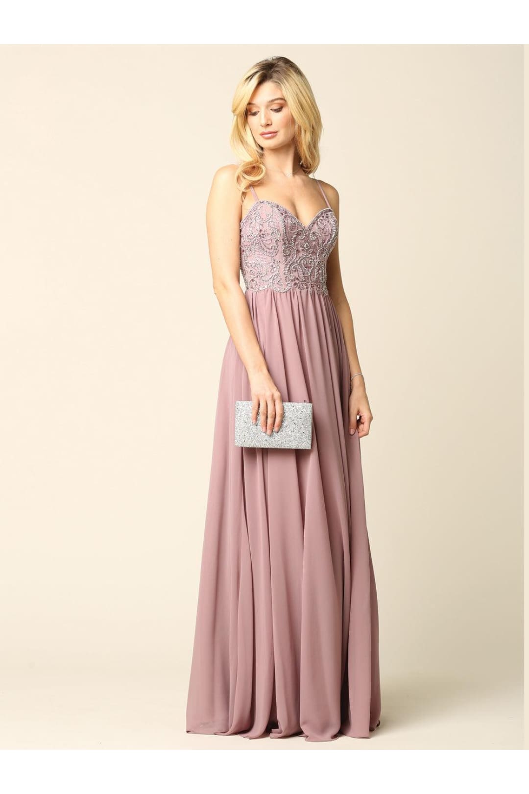 Long Spaghetti Strap Beaded Formal Chiffon Dress - The Dress Outlet
