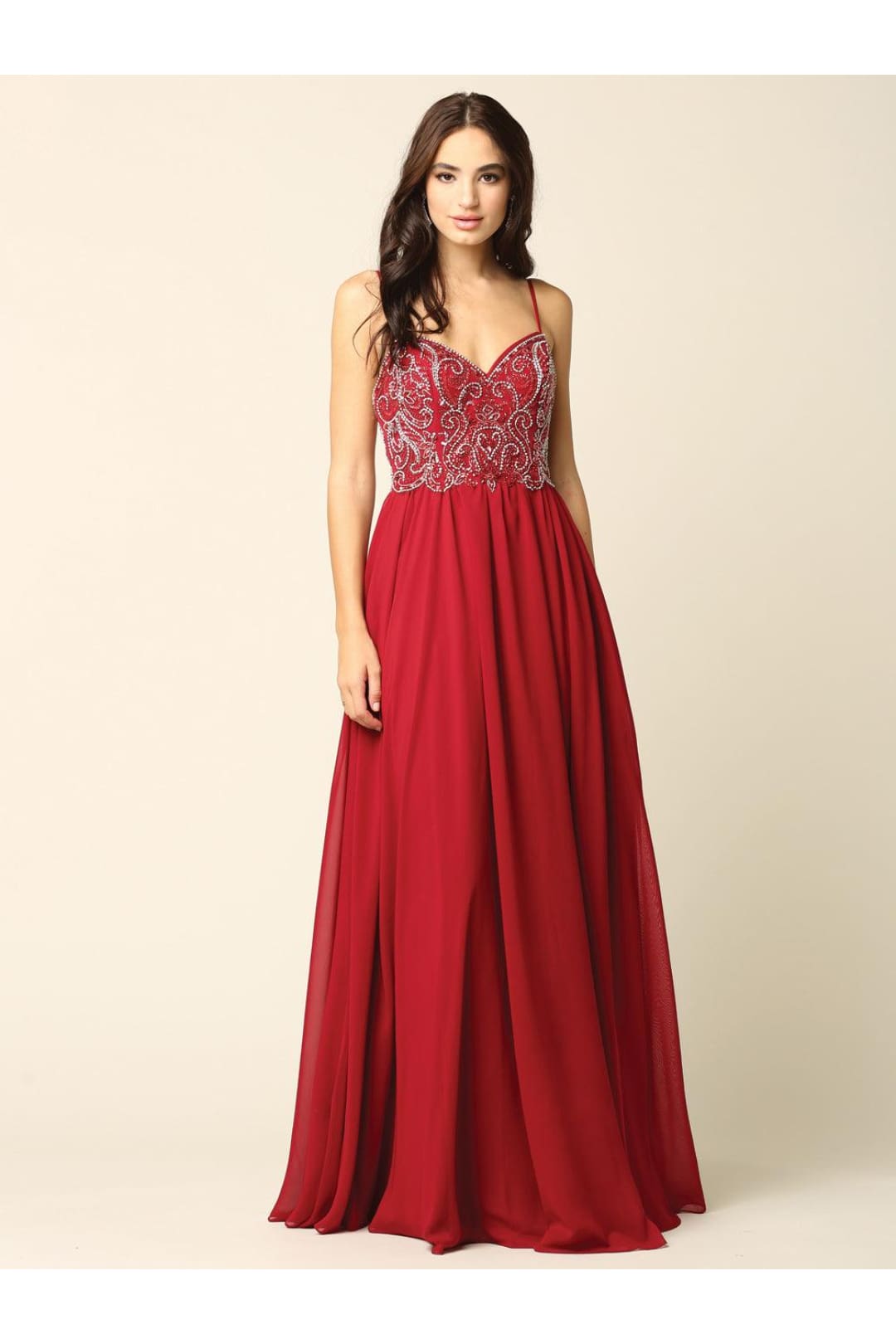 Long Spaghetti Strap Beaded Formal Chiffon Dress - The Dress Outlet