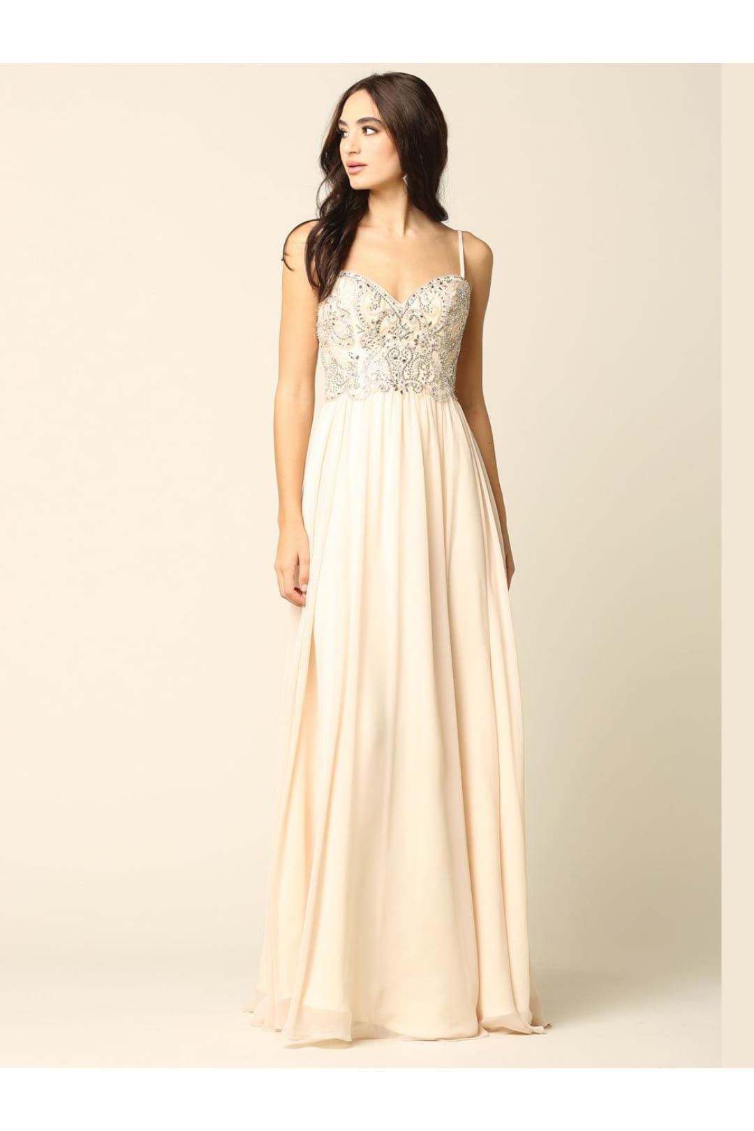 Long Spaghetti Strap Beaded Formal Chiffon Dress - The Dress Outlet