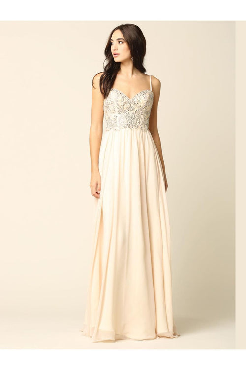 Long Spaghetti Strap Beaded Formal Chiffon Dress - The Dress Outlet