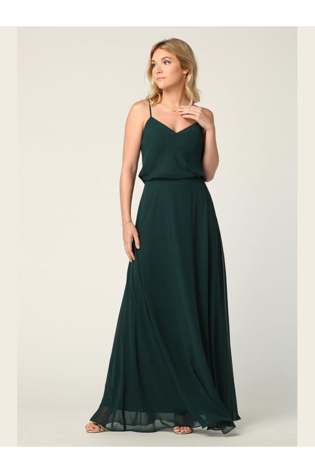 Long Spaghetti Strap Blouson Bridesmaids Dress - The Dress Outlet