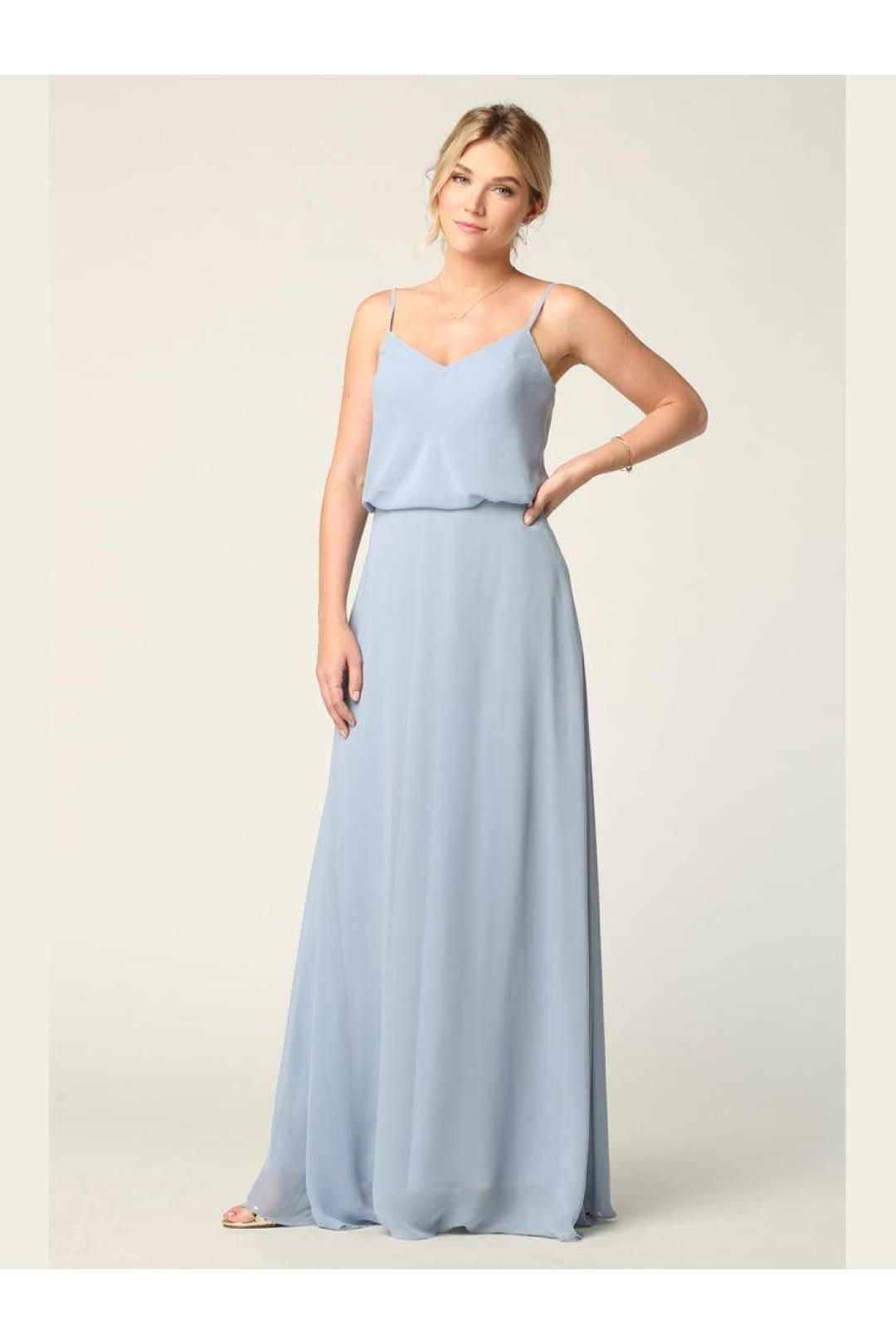 Long Spaghetti Strap Blouson Bridesmaids Dress - The Dress Outlet
