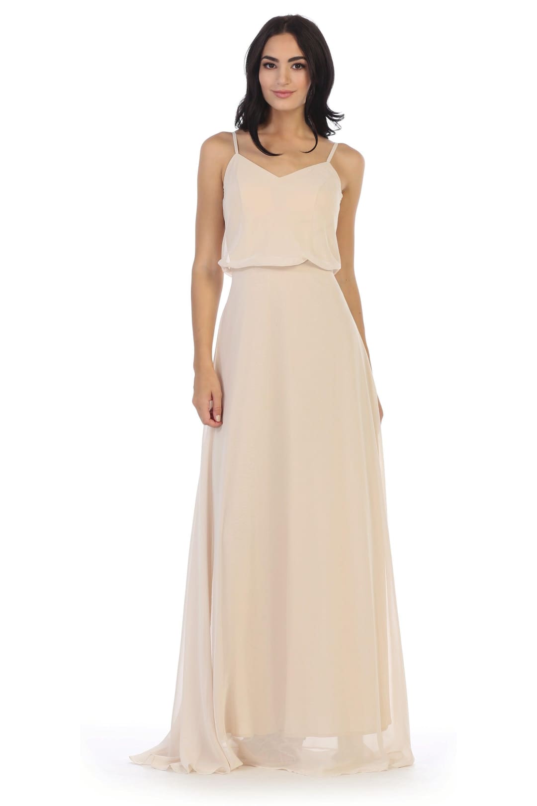 Long Spaghetti Strap Blouson Bridesmaids Dress - The Dress Outlet