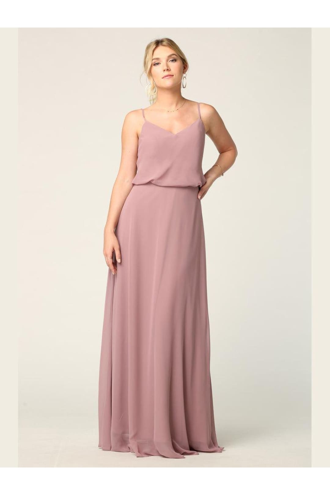 Long Spaghetti Strap Blouson Bridesmaids Dress - The Dress Outlet