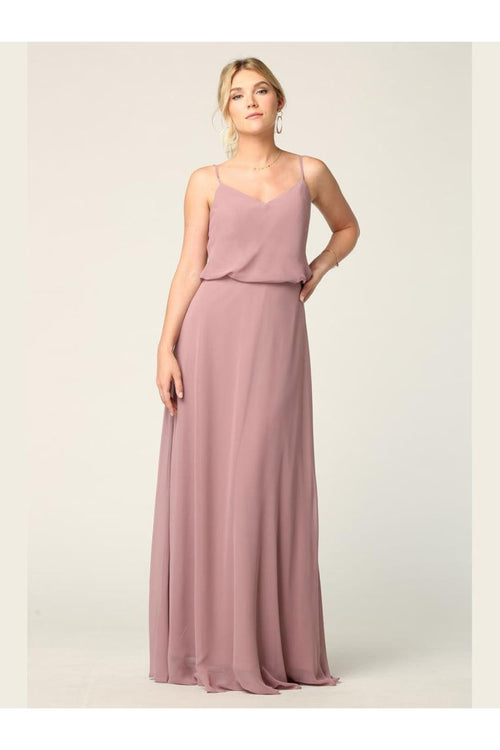 Long Spaghetti Strap Blouson Bridesmaids Dress - The Dress Outlet