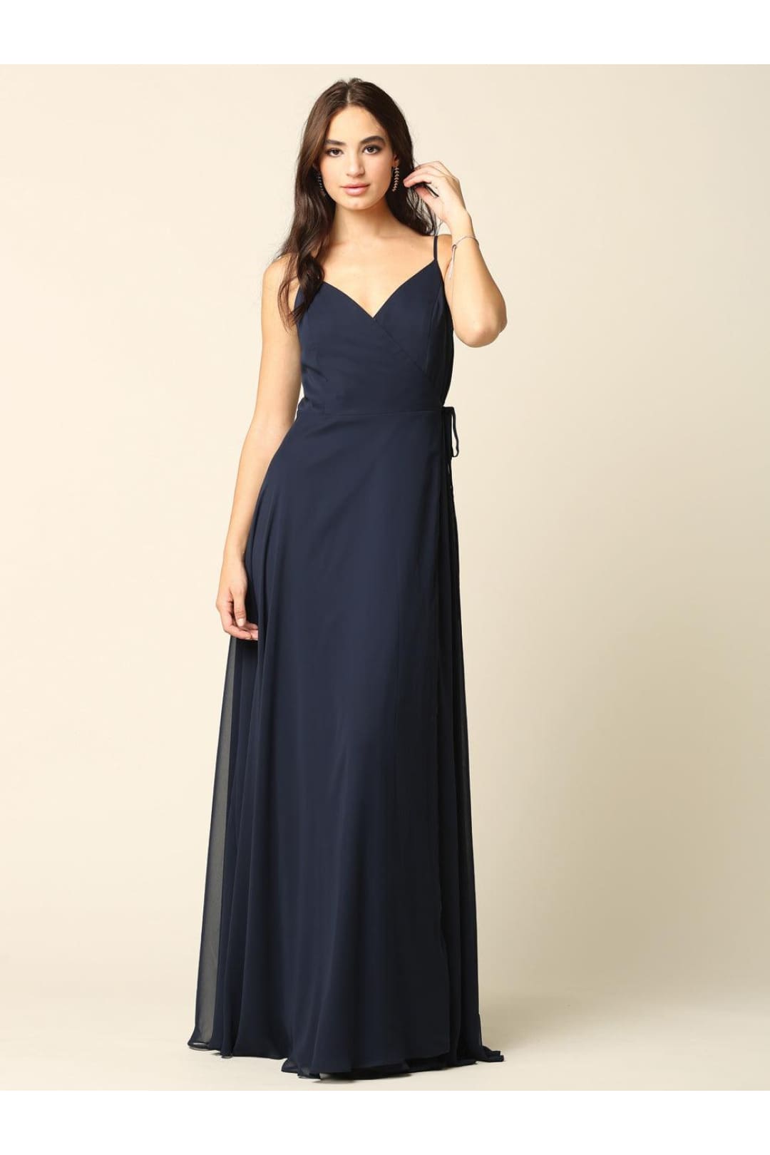 Long Spaghetti Strap Chiffon Wrap Bridesmaids Gown - The Dress Outlet