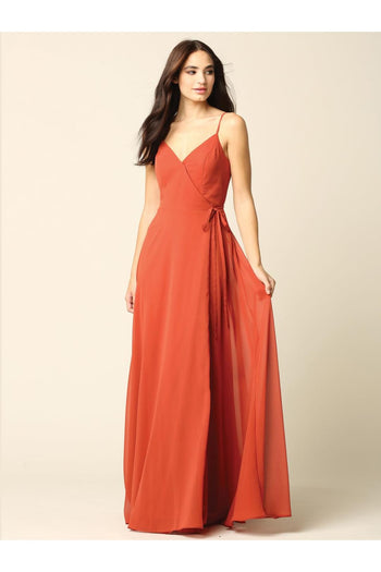 Long Spaghetti Strap Chiffon Wrap Bridesmaids Gown - The Dress Outlet