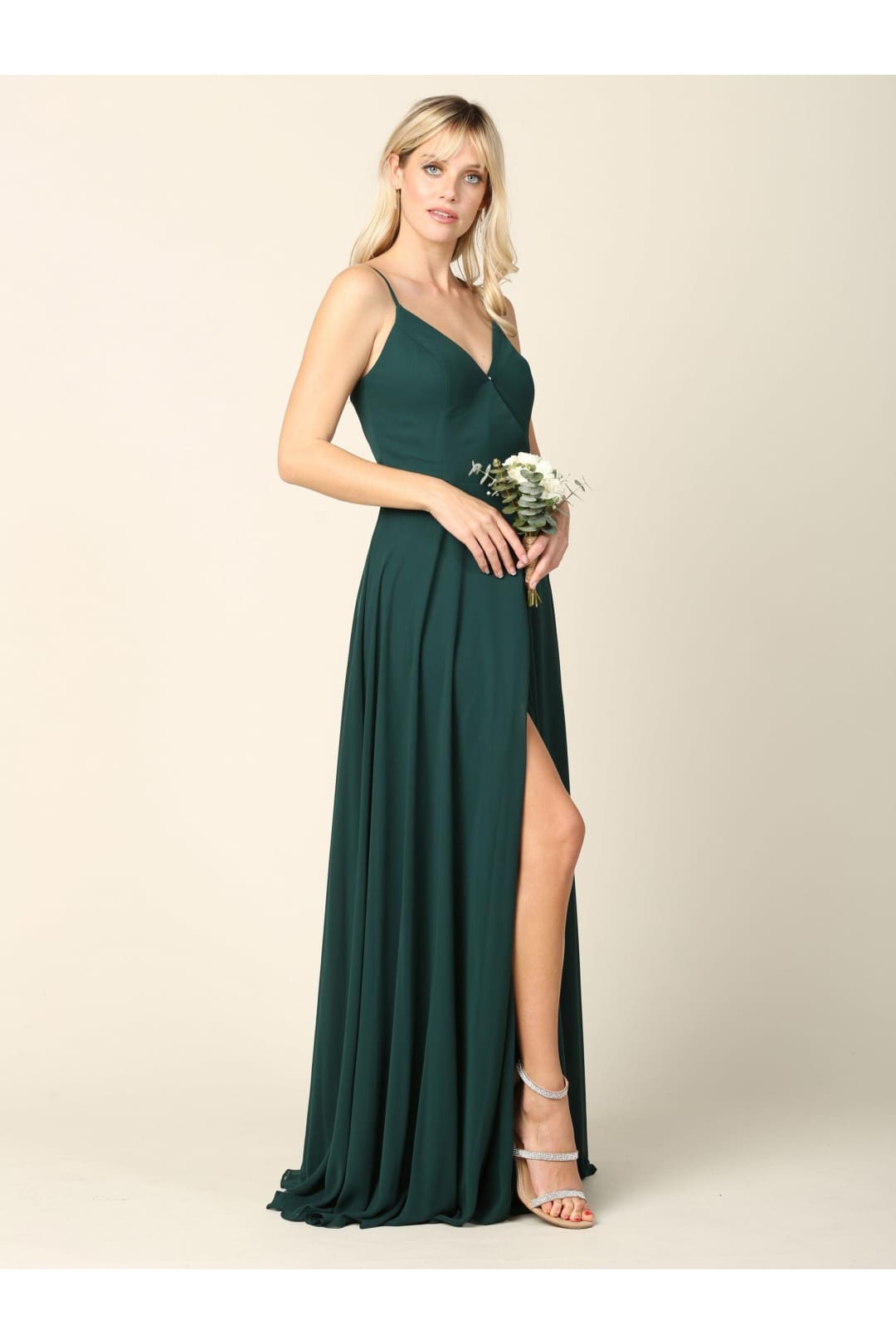 Long Spaghetti Strap Chiffon Wrap Bridesmaids Gown - The Dress Outlet