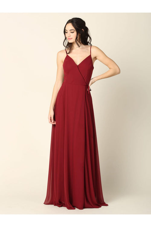 Long Spaghetti Strap Chiffon Wrap Bridesmaids Gown - The Dress Outlet