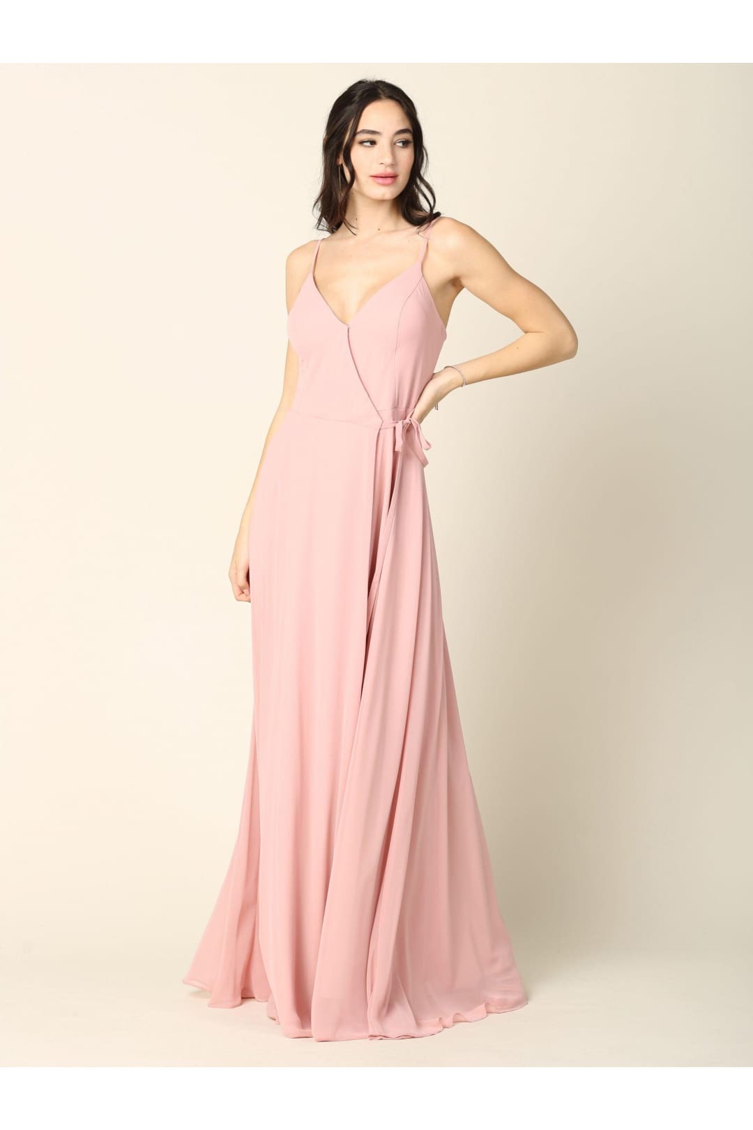Long Spaghetti Strap Chiffon Wrap Bridesmaids Gown - The Dress Outlet