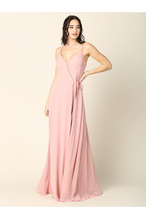 Long Spaghetti Strap Chiffon Wrap Bridesmaids Gown - The Dress Outlet