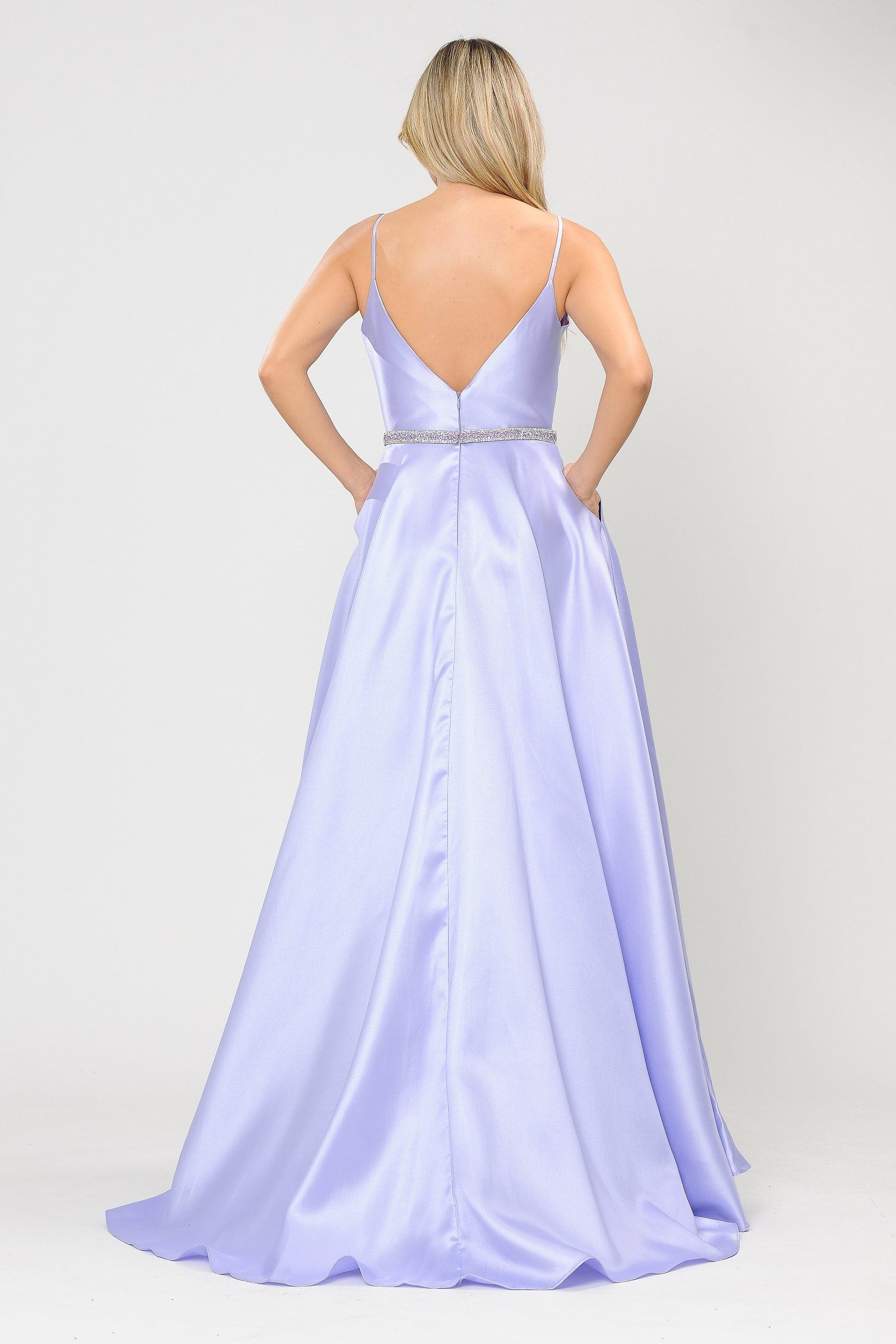 Poly USA 8672 Long Spaghetti Strap Dress with Deep Neckline