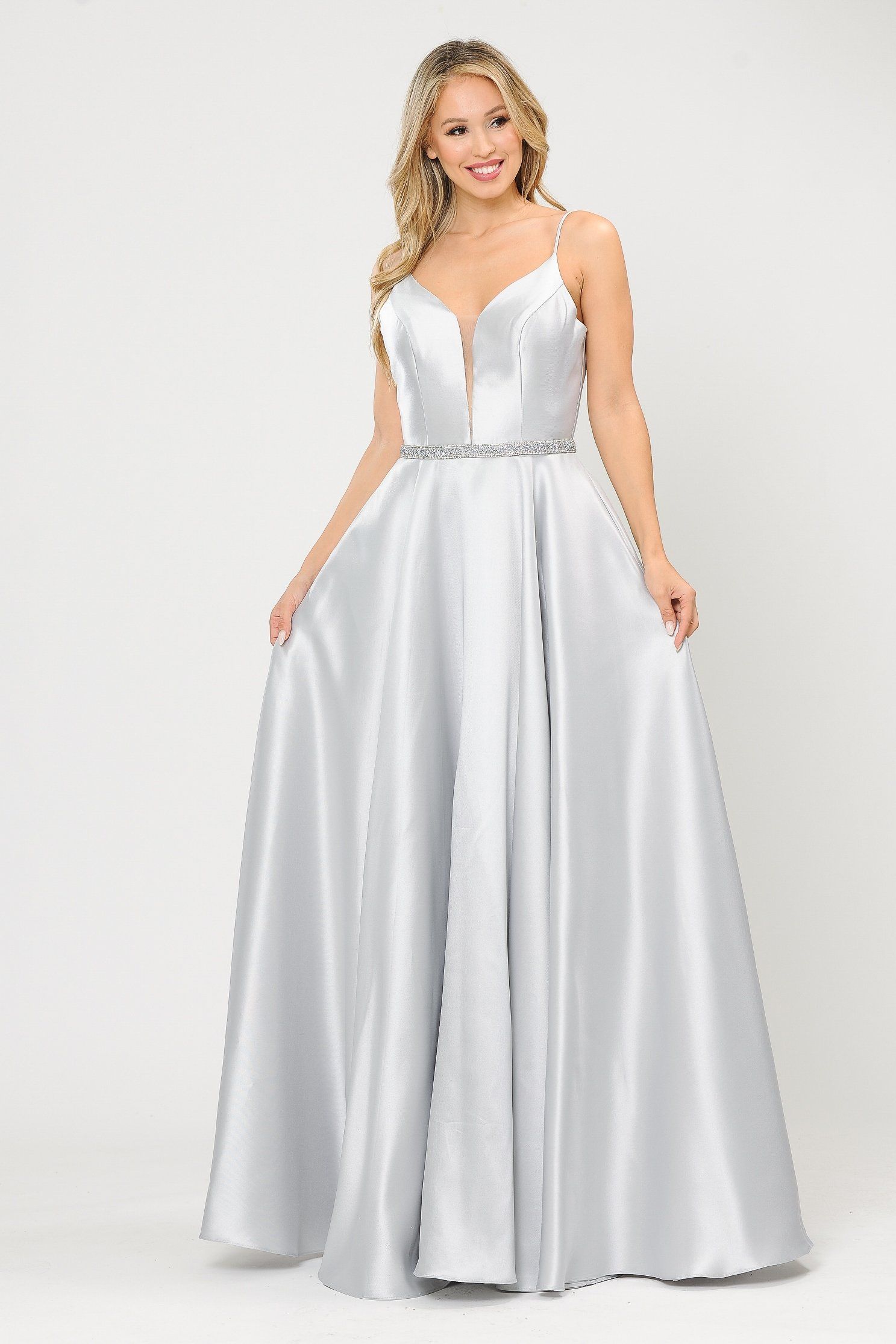 Poly USA 8672 Long Spaghetti Strap Dress with Deep Neckline