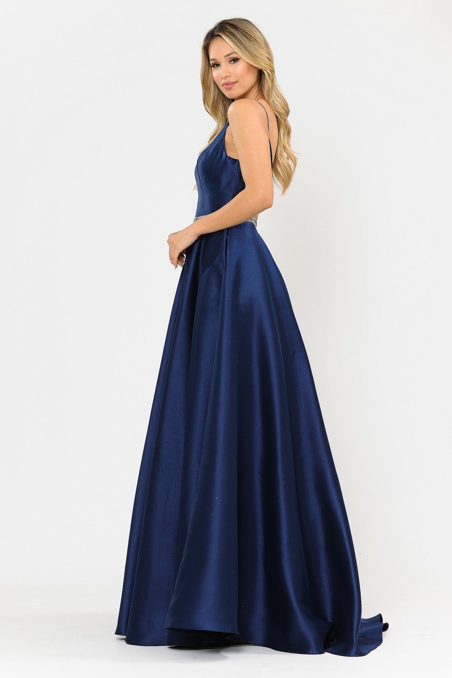 Poly USA 8672 Long Spaghetti Strap Dress with Deep Neckline