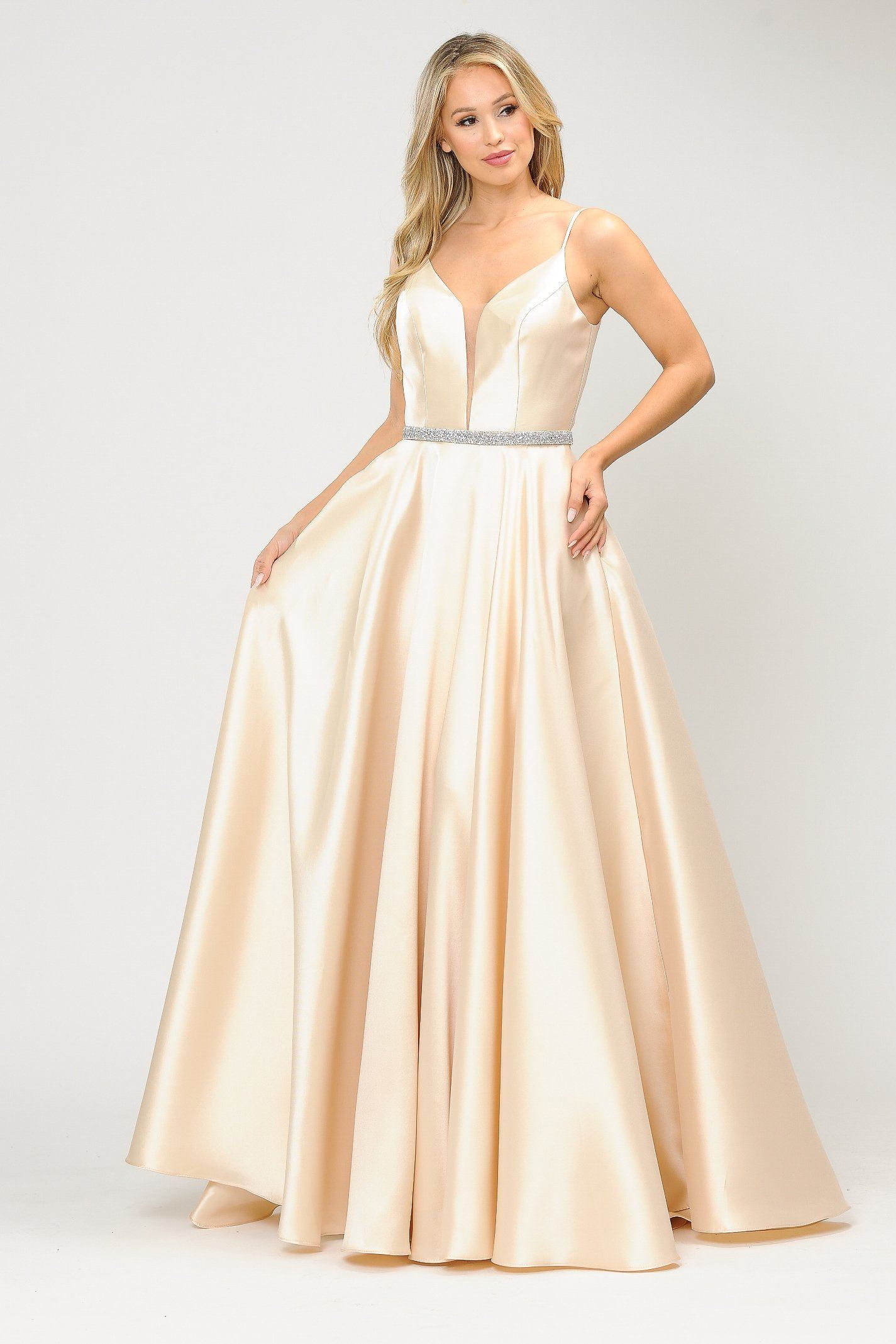 Poly USA 8672 Long Spaghetti Strap Dress with Deep Neckline