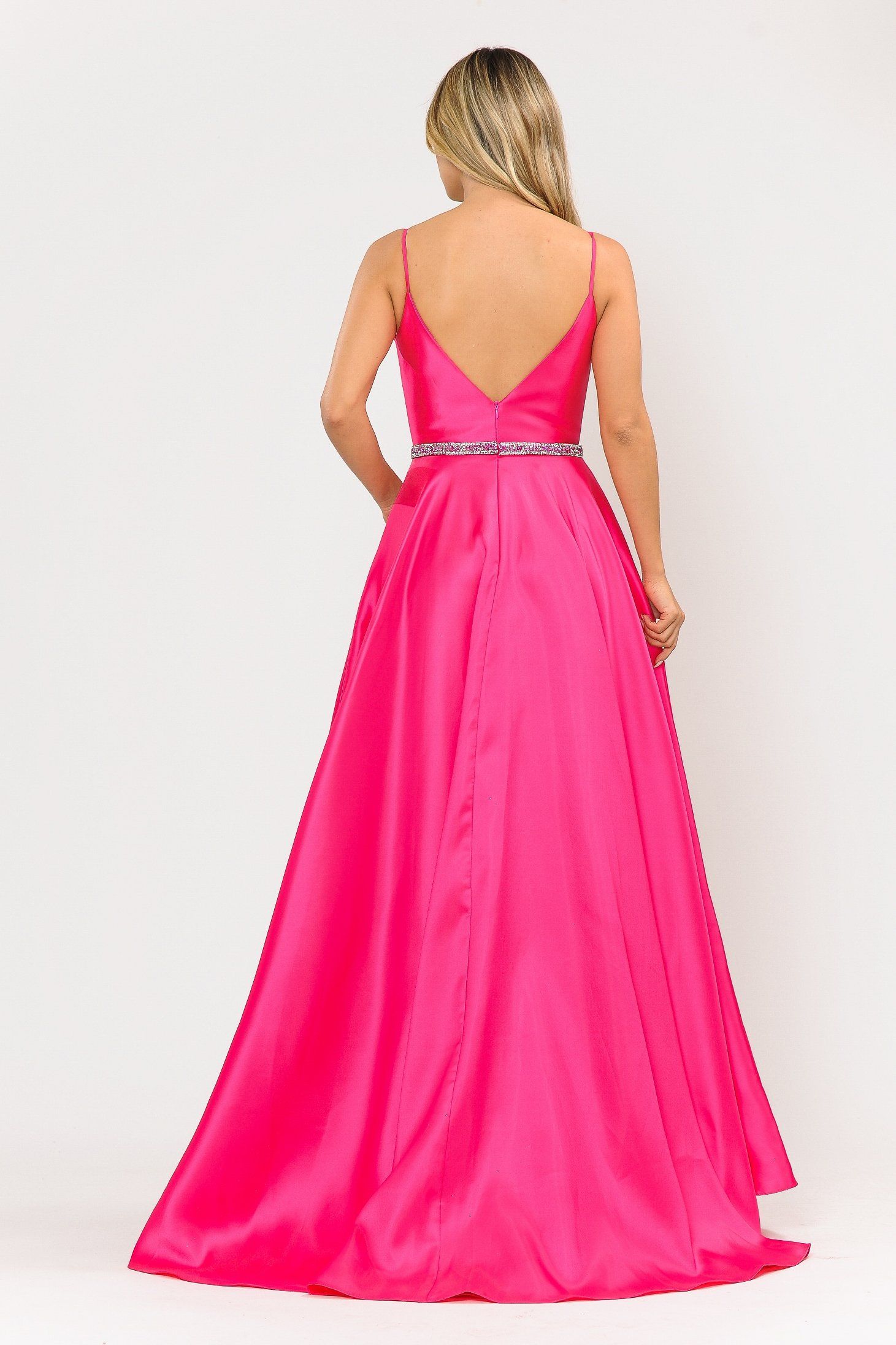 Poly USA 8672 Long Spaghetti Strap Dress with Deep Neckline