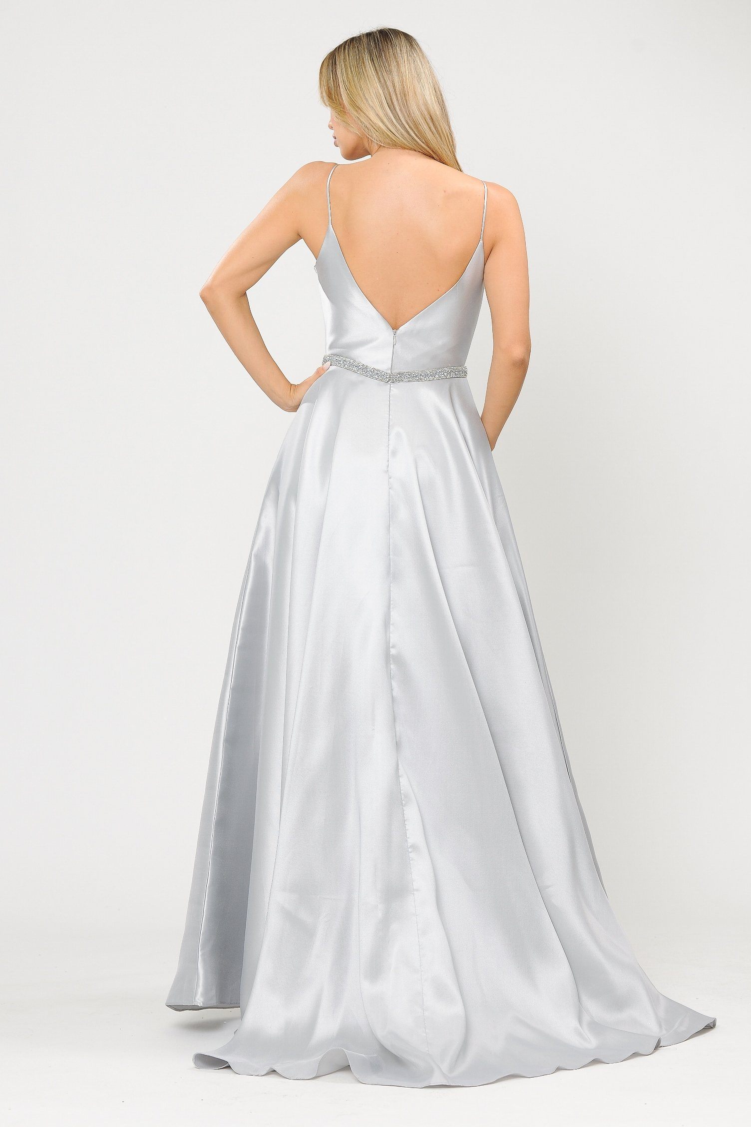 Poly USA 8672 Long Spaghetti Strap Dress with Deep Neckline
