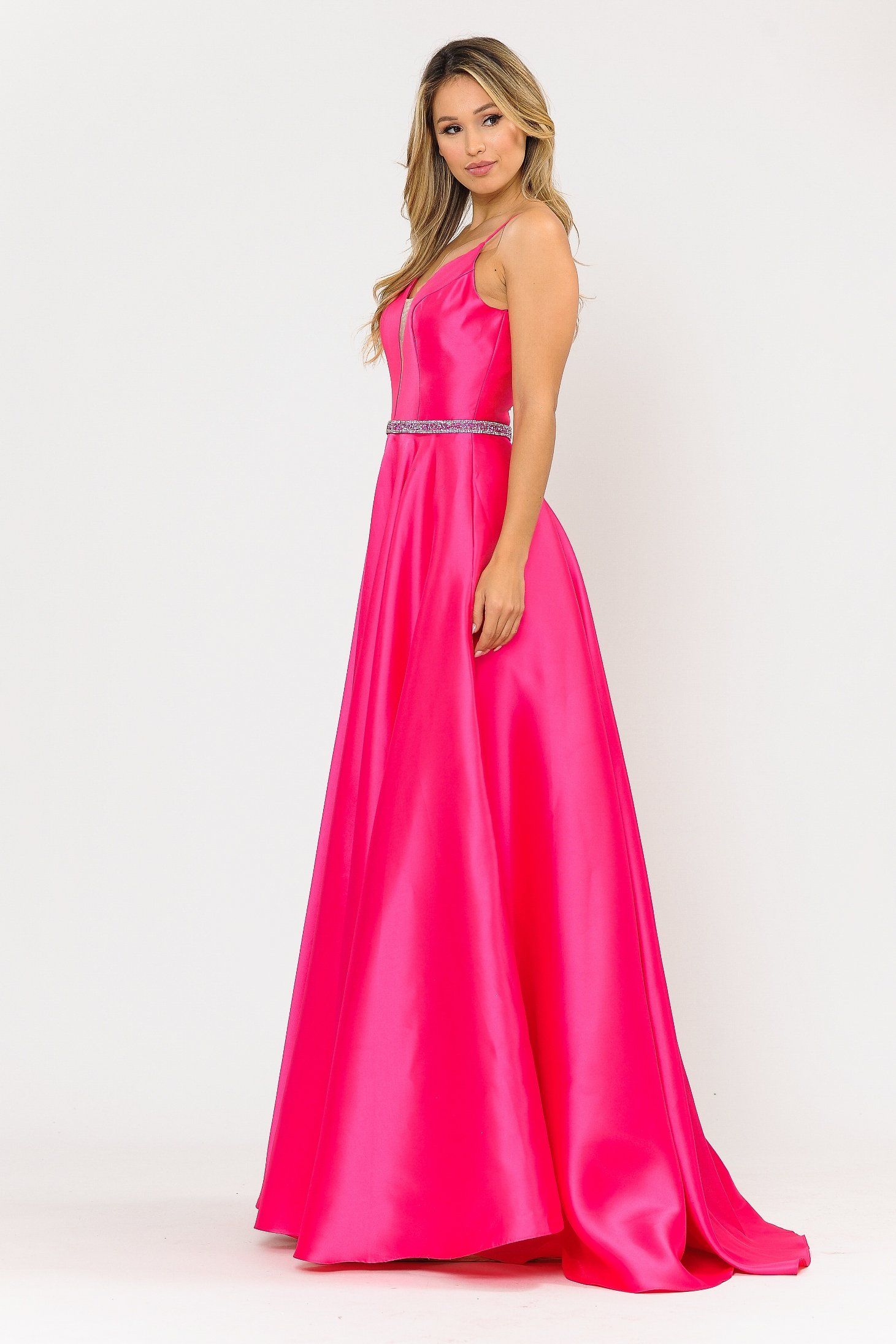 Poly USA 8672 Long Spaghetti Strap Dress with Deep Neckline