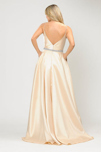Poly USA 8672 Long Spaghetti Strap Dress with Deep Neckline