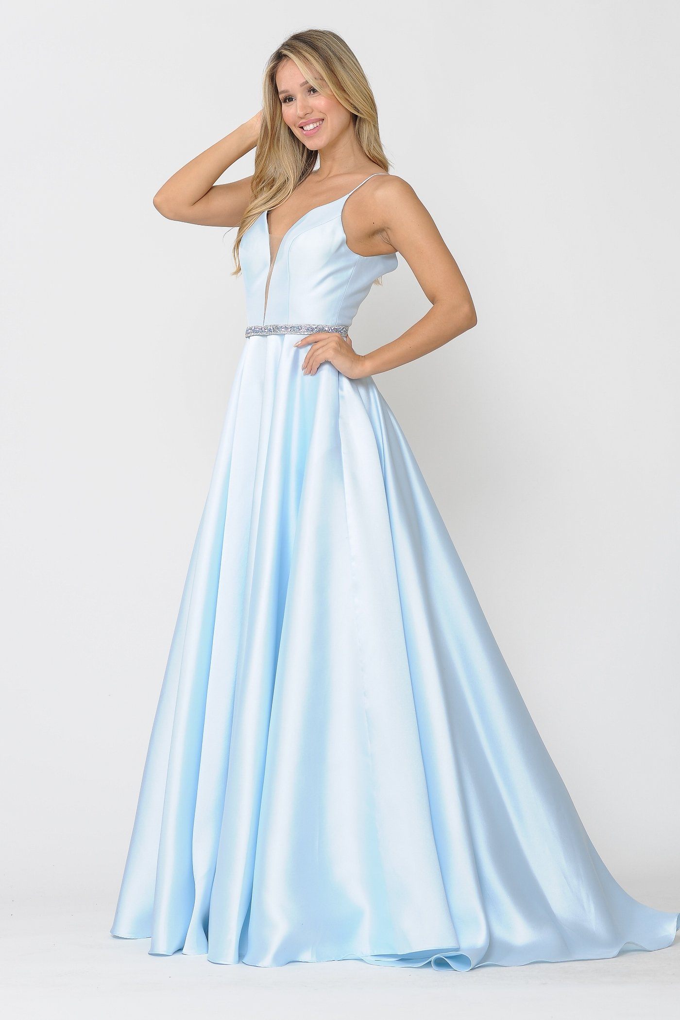 Poly USA 8672 Long Spaghetti Strap Dress with Deep Neckline