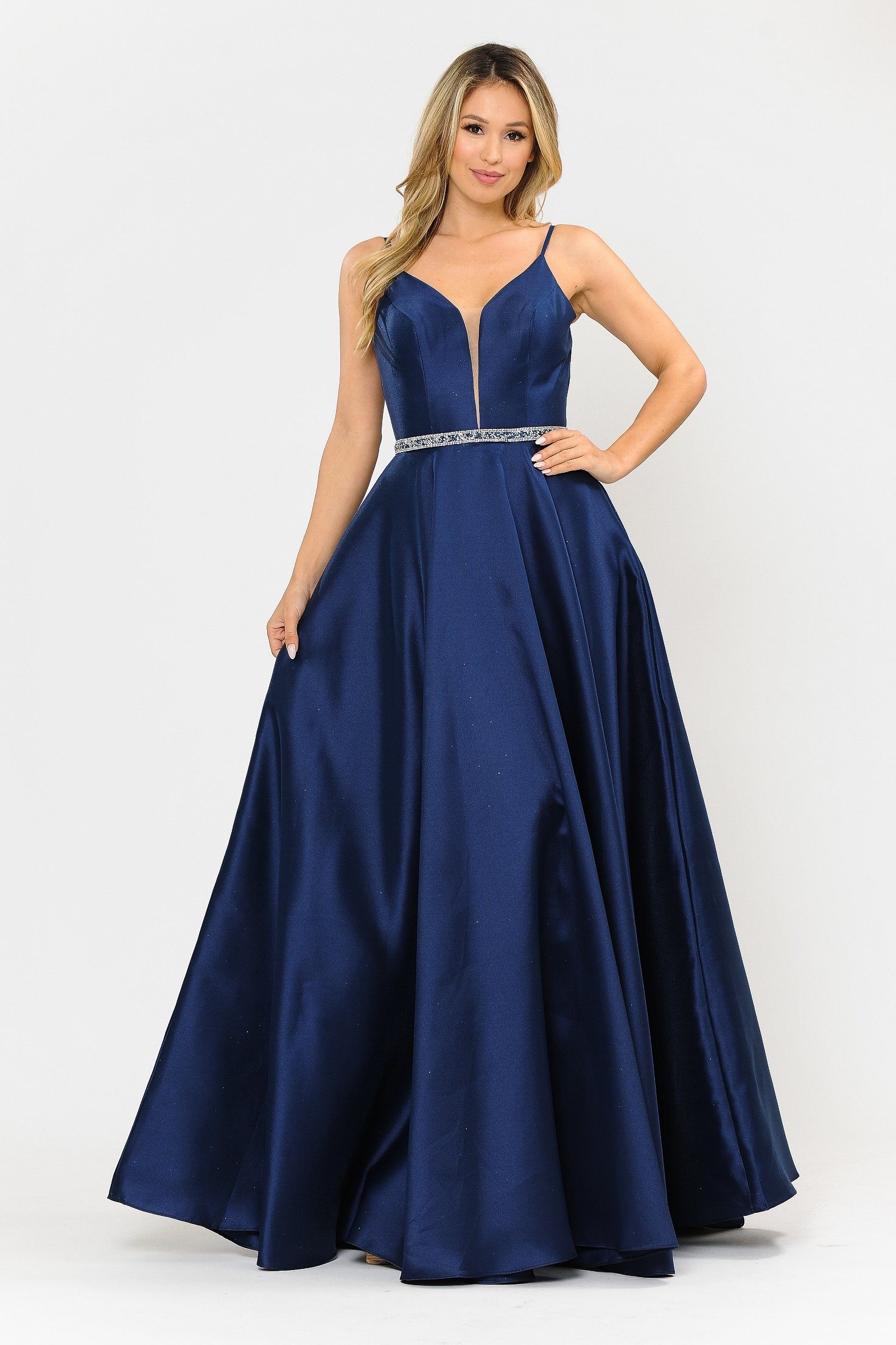 Poly USA 8672 Long Spaghetti Strap Dress with Deep Neckline