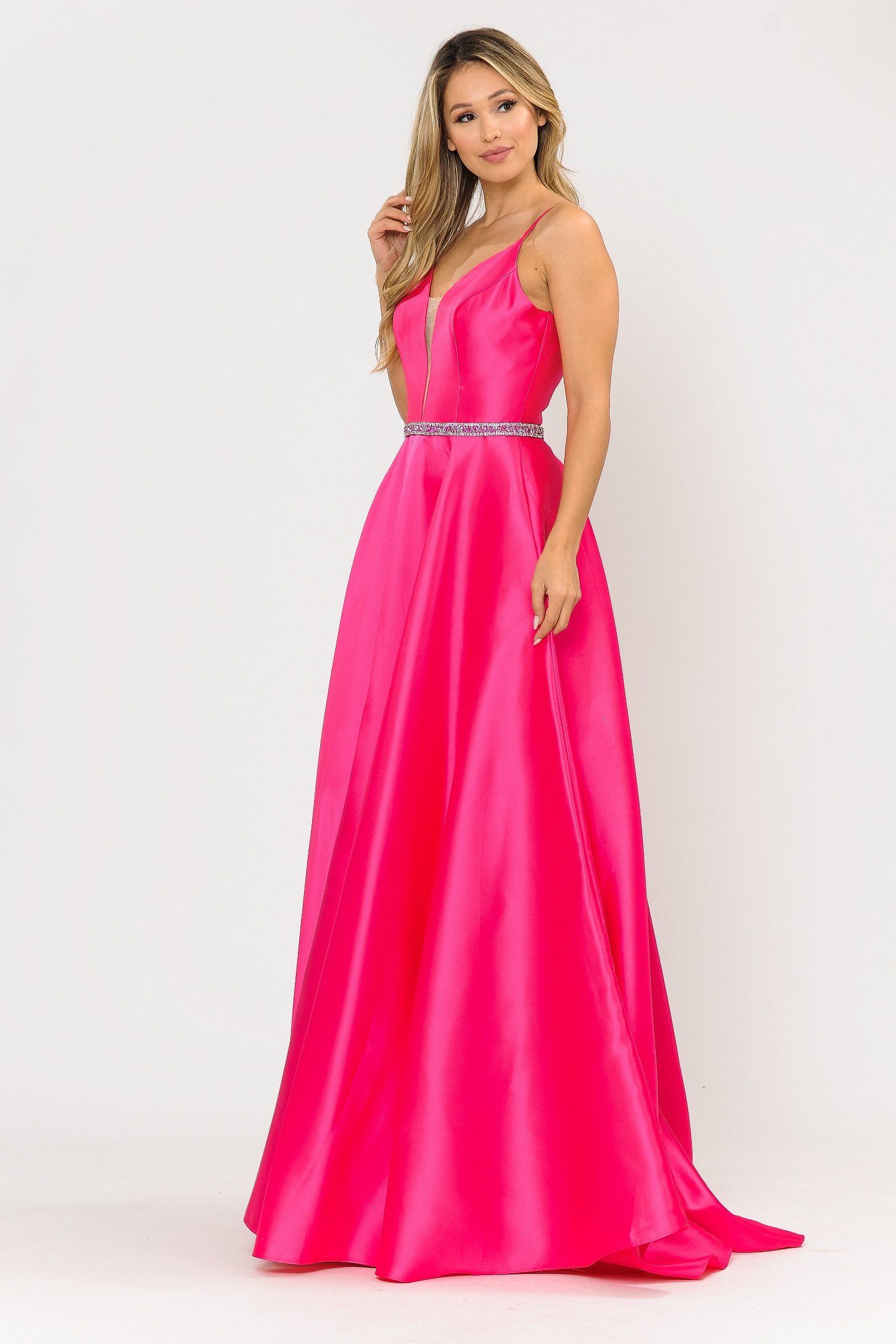 Poly USA 8672 Long Spaghetti Strap Dress with Deep Neckline