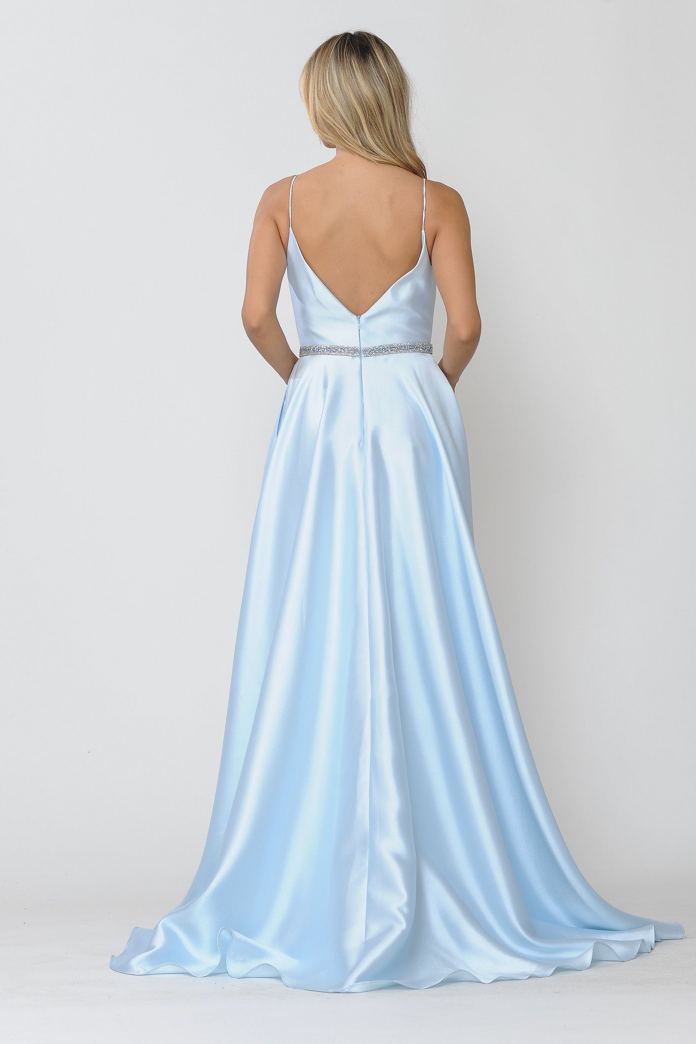 Poly USA 8672 Long Spaghetti Strap Dress with Deep Neckline