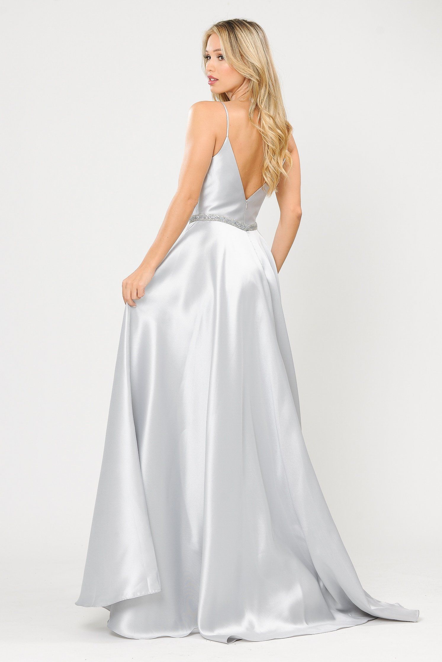 Poly USA 8672 Long Spaghetti Strap Dress with Deep Neckline