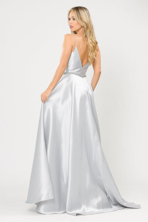 Poly USA 8672 Long Spaghetti Strap Dress with Deep Neckline