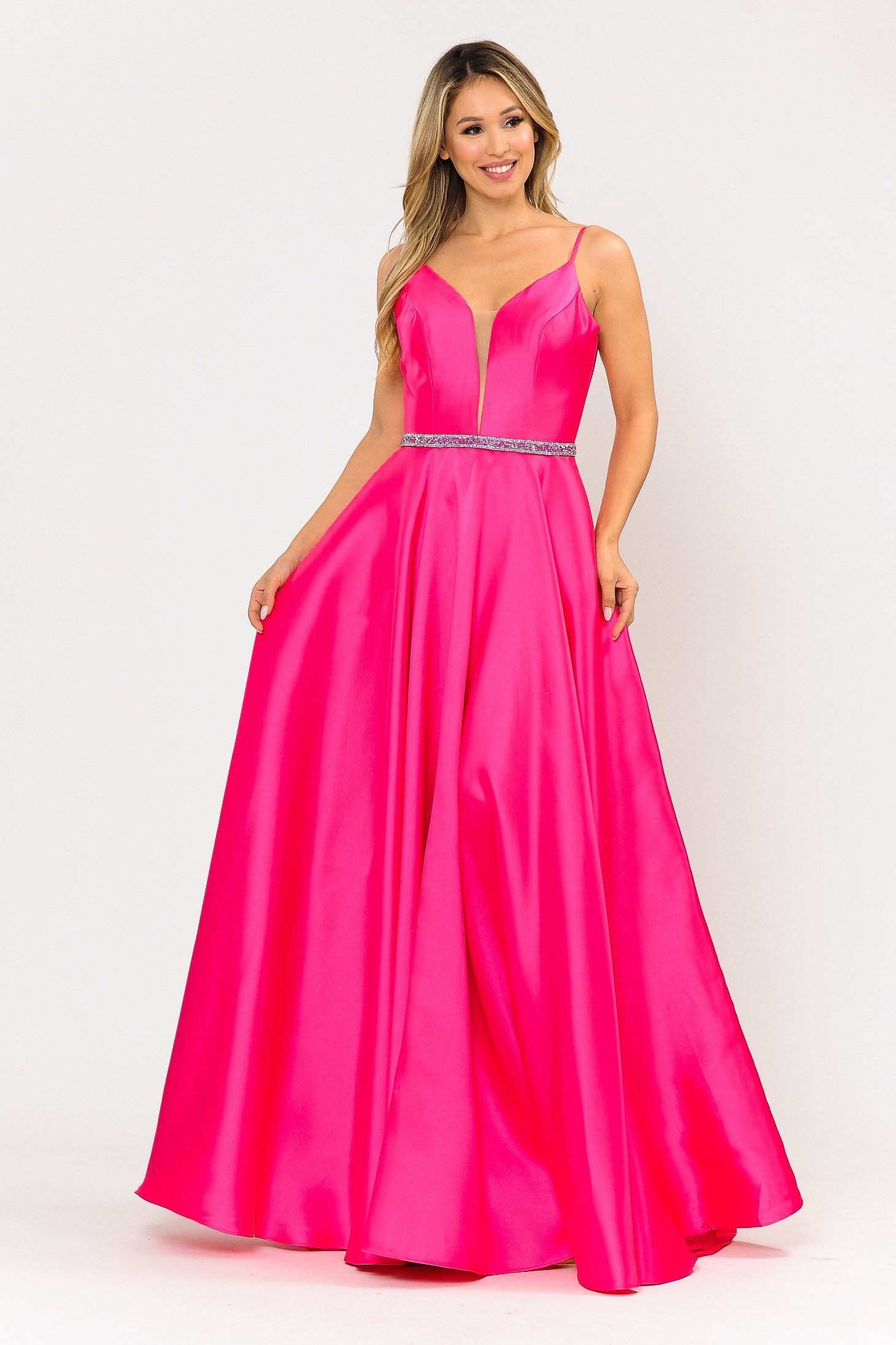 Poly USA 8672 Long Spaghetti Strap Dress with Deep Neckline