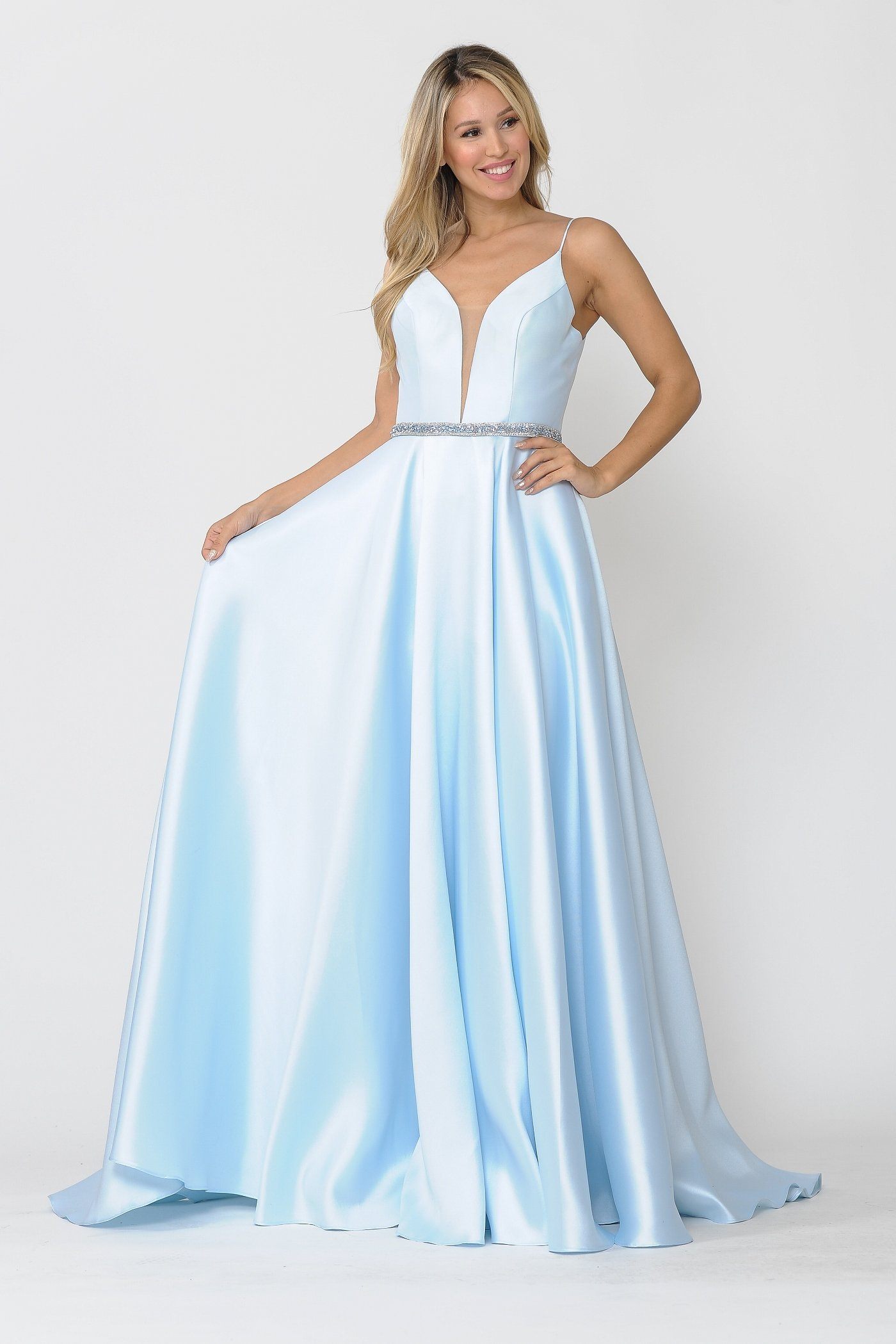 Poly USA 8672 Long Spaghetti Strap Dress with Deep Neckline