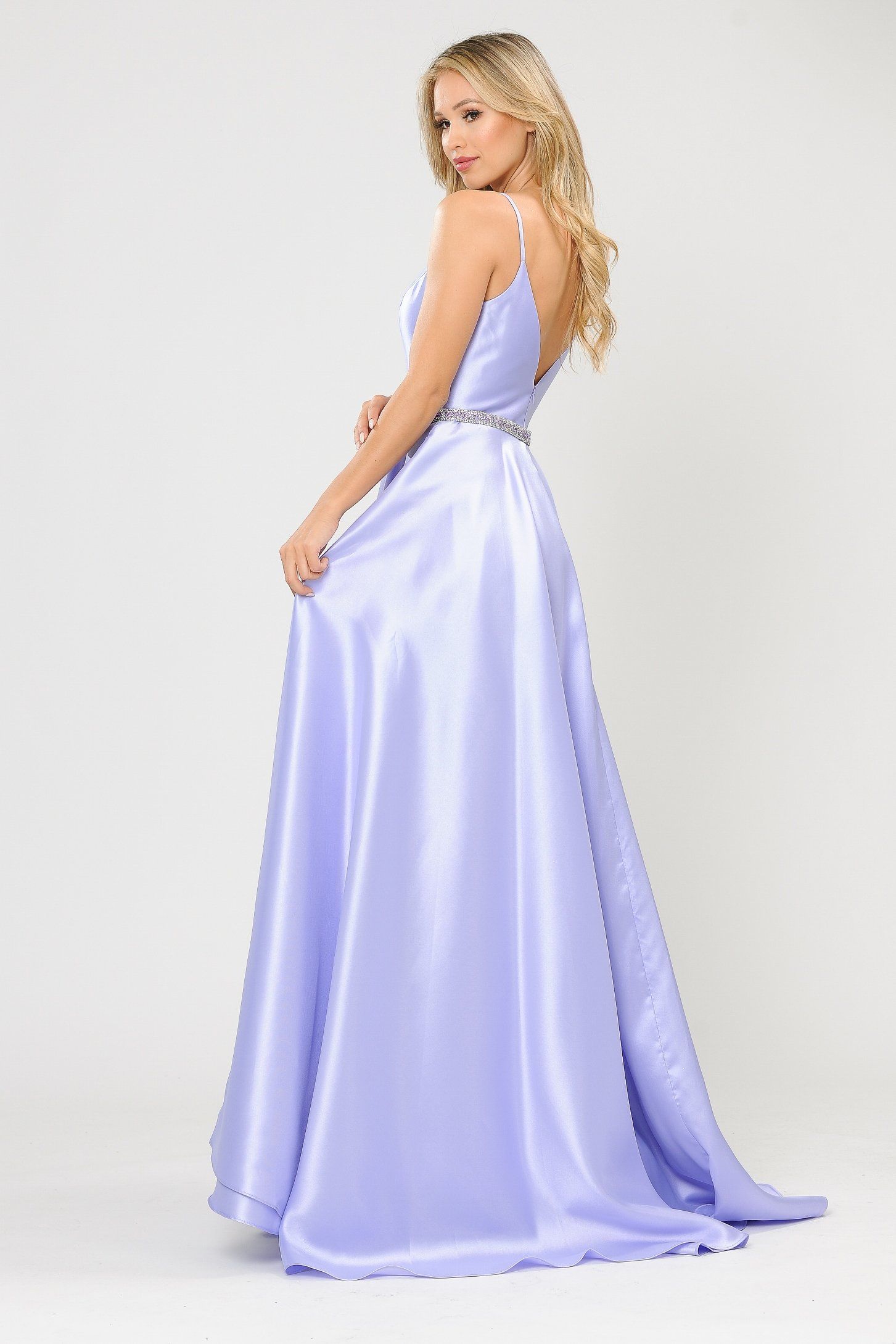 Poly USA 8672 Long Spaghetti Strap Dress with Deep Neckline