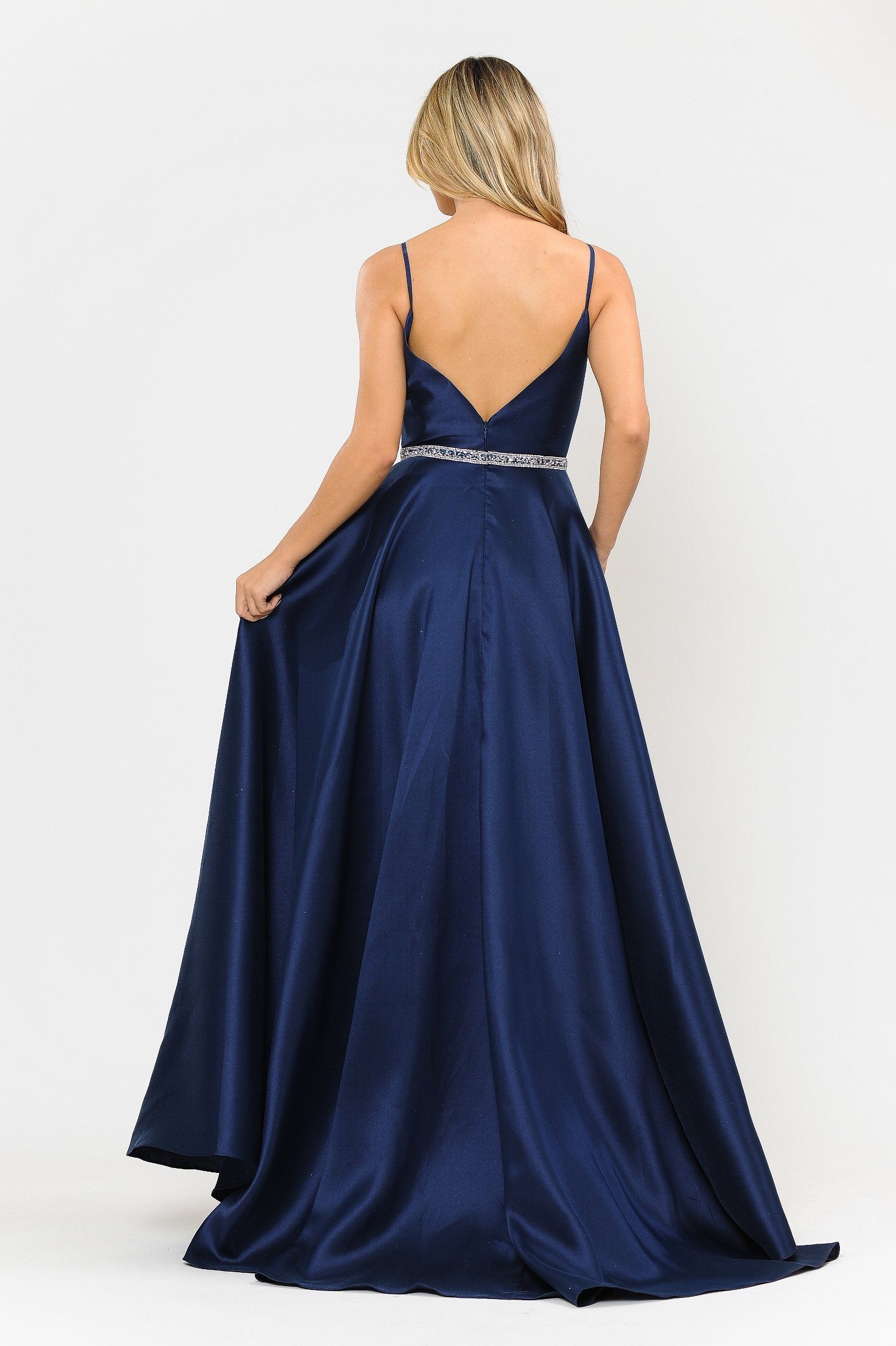 Poly USA 8672 Long Spaghetti Strap Dress with Deep Neckline