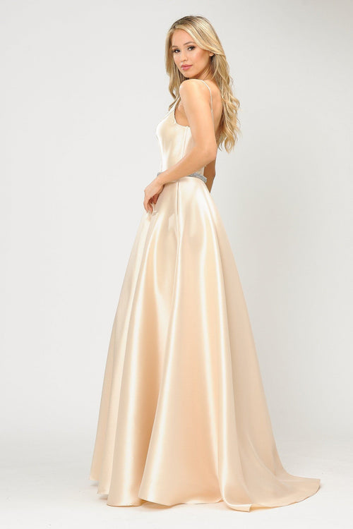 Poly USA 8672 Long Spaghetti Strap Dress with Deep Neckline