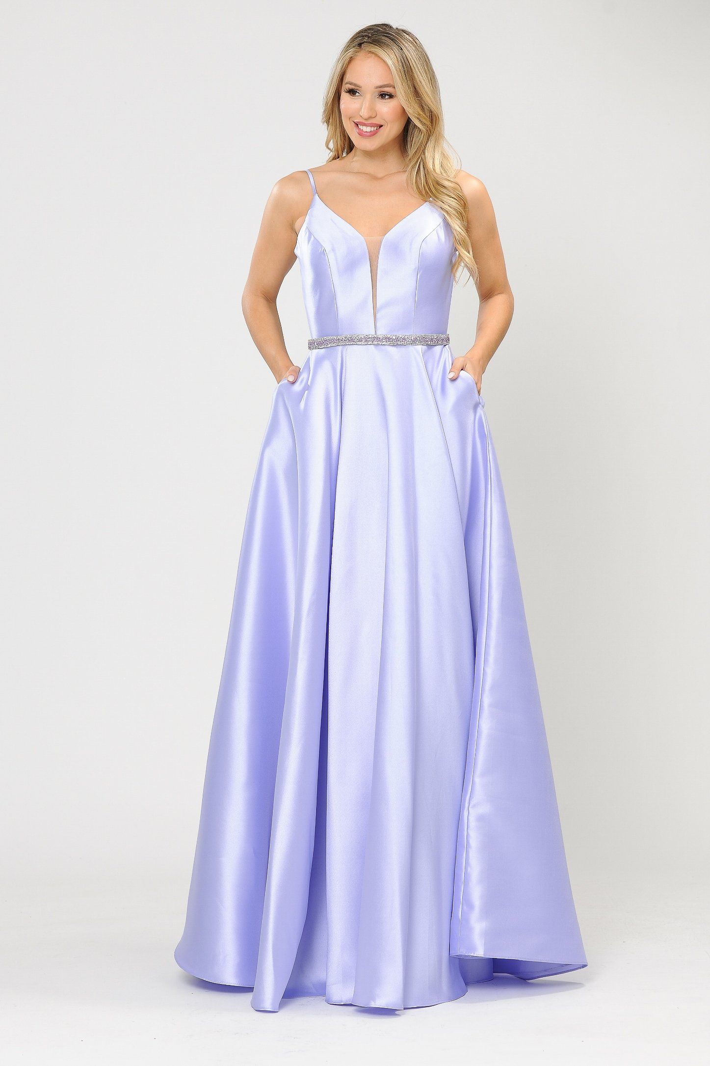 Poly USA 8672 Long Spaghetti Strap Dress with Deep Neckline