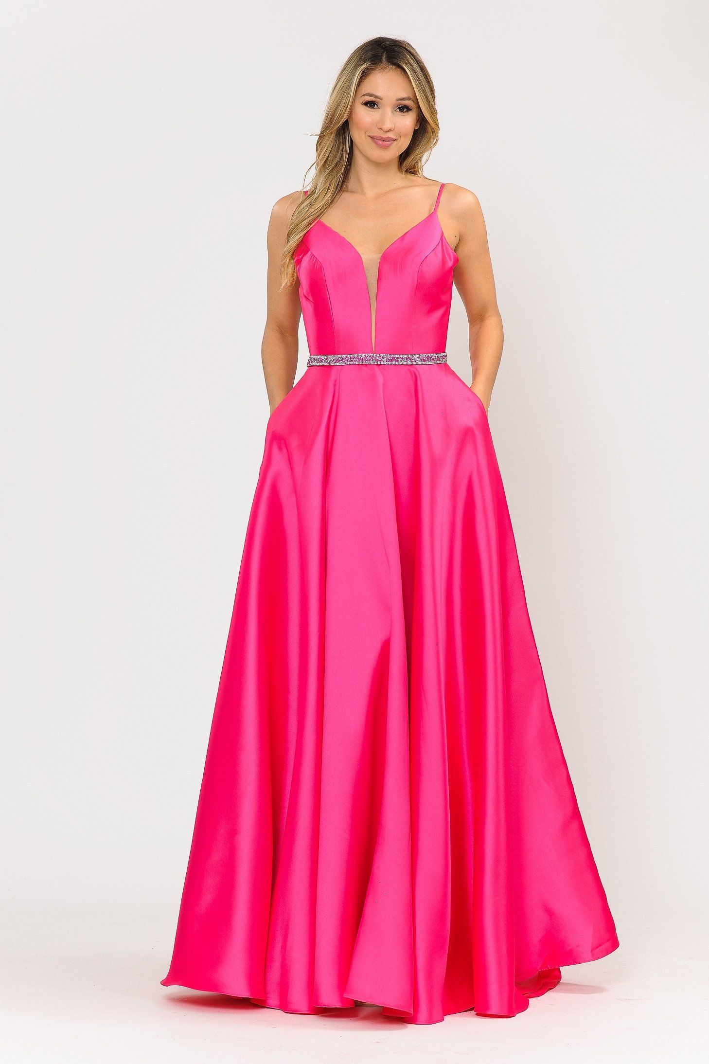 Poly USA 8672 Long Spaghetti Strap Dress with Deep Neckline