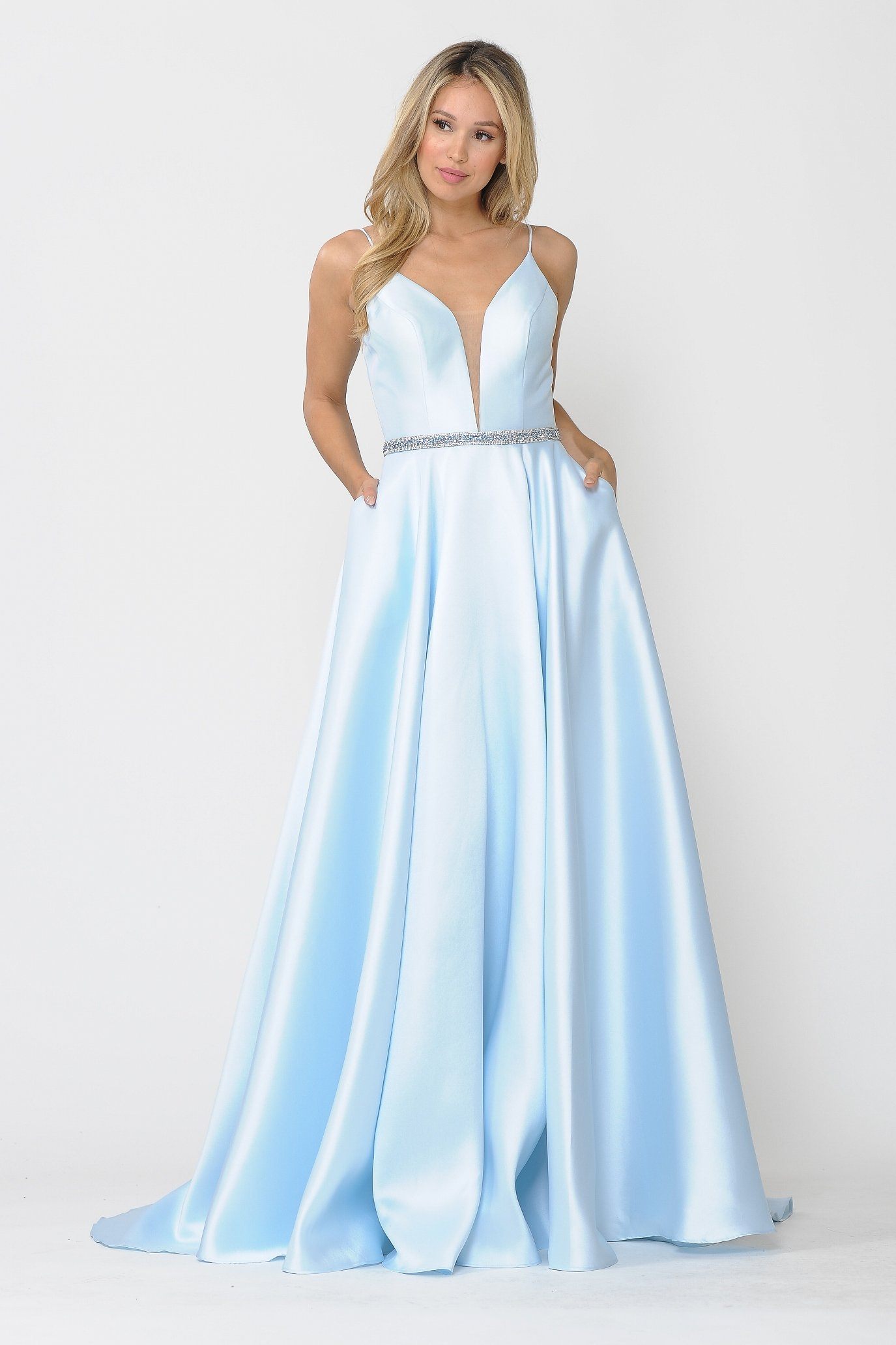 Poly USA 8672 Long Spaghetti Strap Dress with Deep Neckline