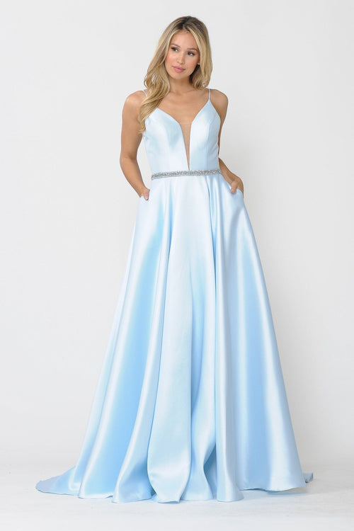 Poly USA 8672 Long Spaghetti Strap Dress with Deep Neckline
