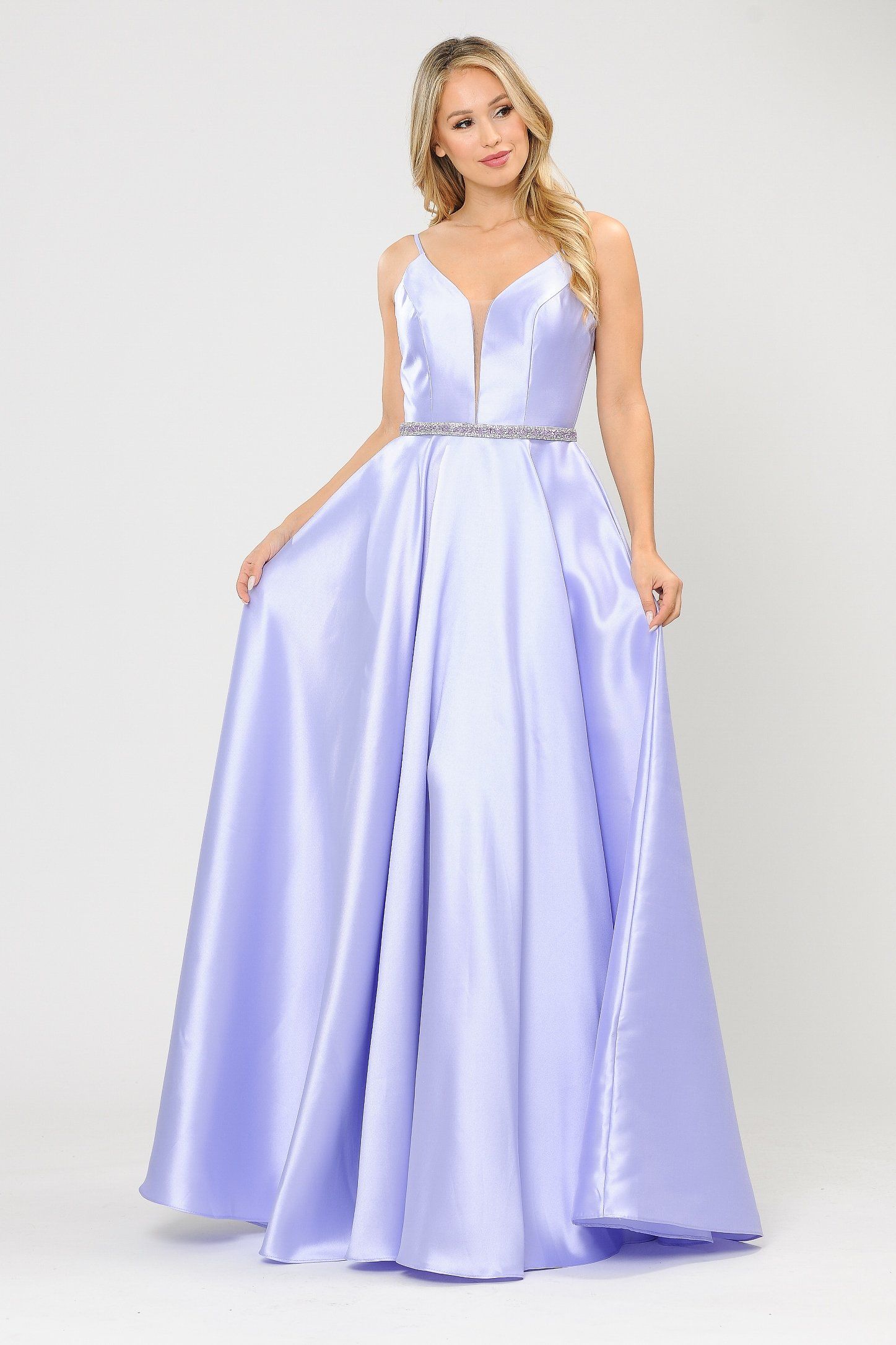 Poly USA 8672 Long Spaghetti Strap Dress with Deep Neckline