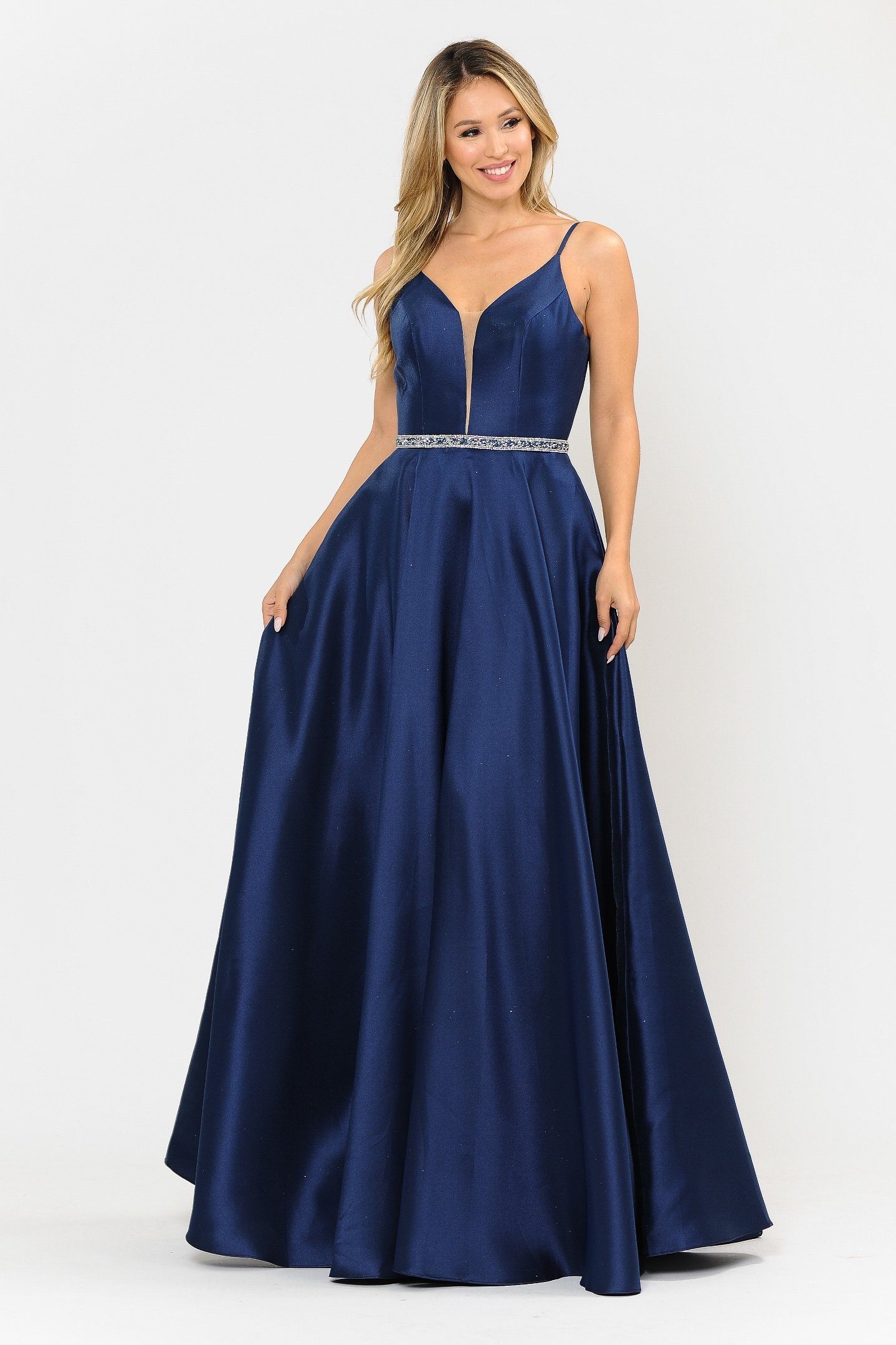 Poly USA 8672 Long Spaghetti Strap Dress with Deep Neckline